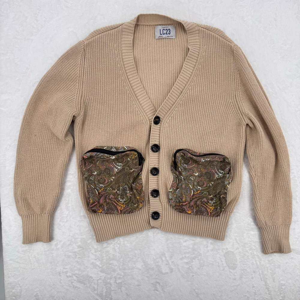 LC23 Tan Cardigan Sweater Paisley Zip Pockets 100% Cotton Made in Italy Medium